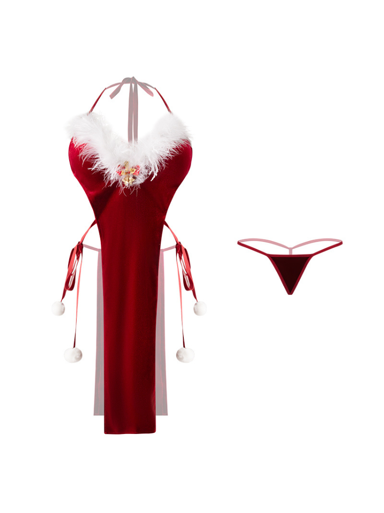 Red Velvet Sexy Lingerie Bodysuit Christmas Teddy One Piece Outfit on a white background