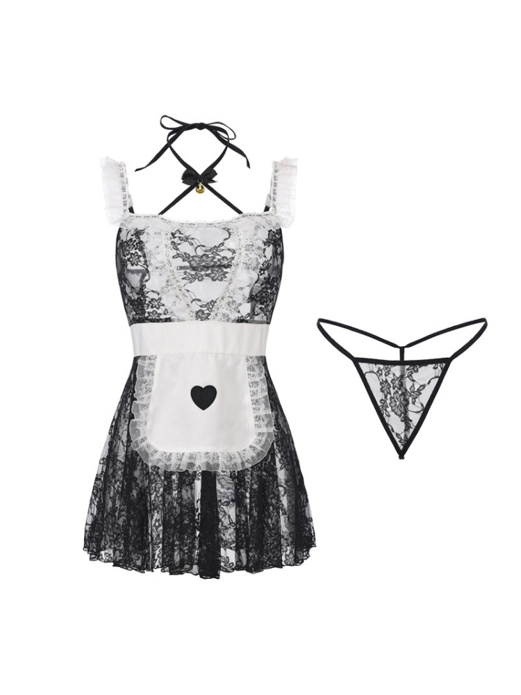 Lace Apron Maid Dress with Sheer Skirt and Detachable Padding