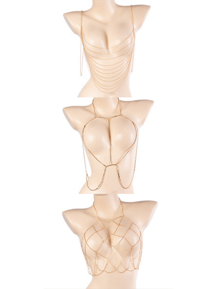 Beige mesh lingerie set on mannequin forms against a white background