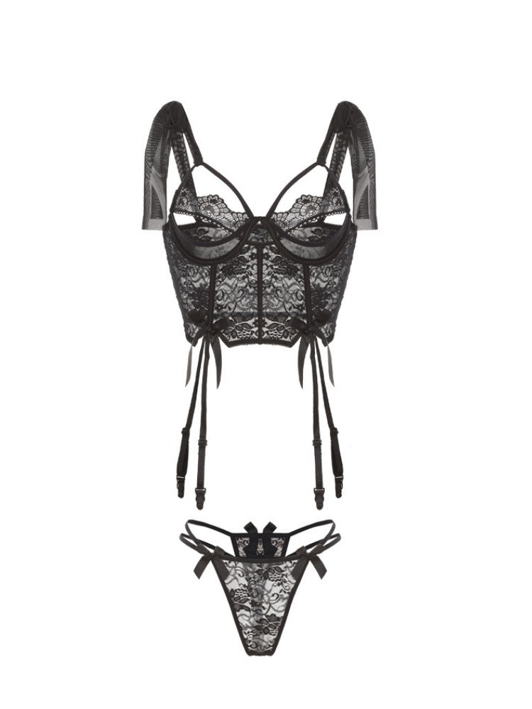 Black lace lingerie set on a white background