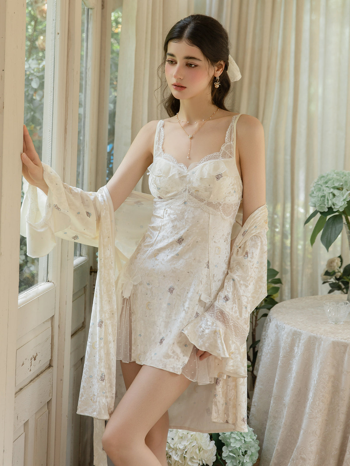 Light Yellow teddy bear wrap robe worn open over lace mini slip dress