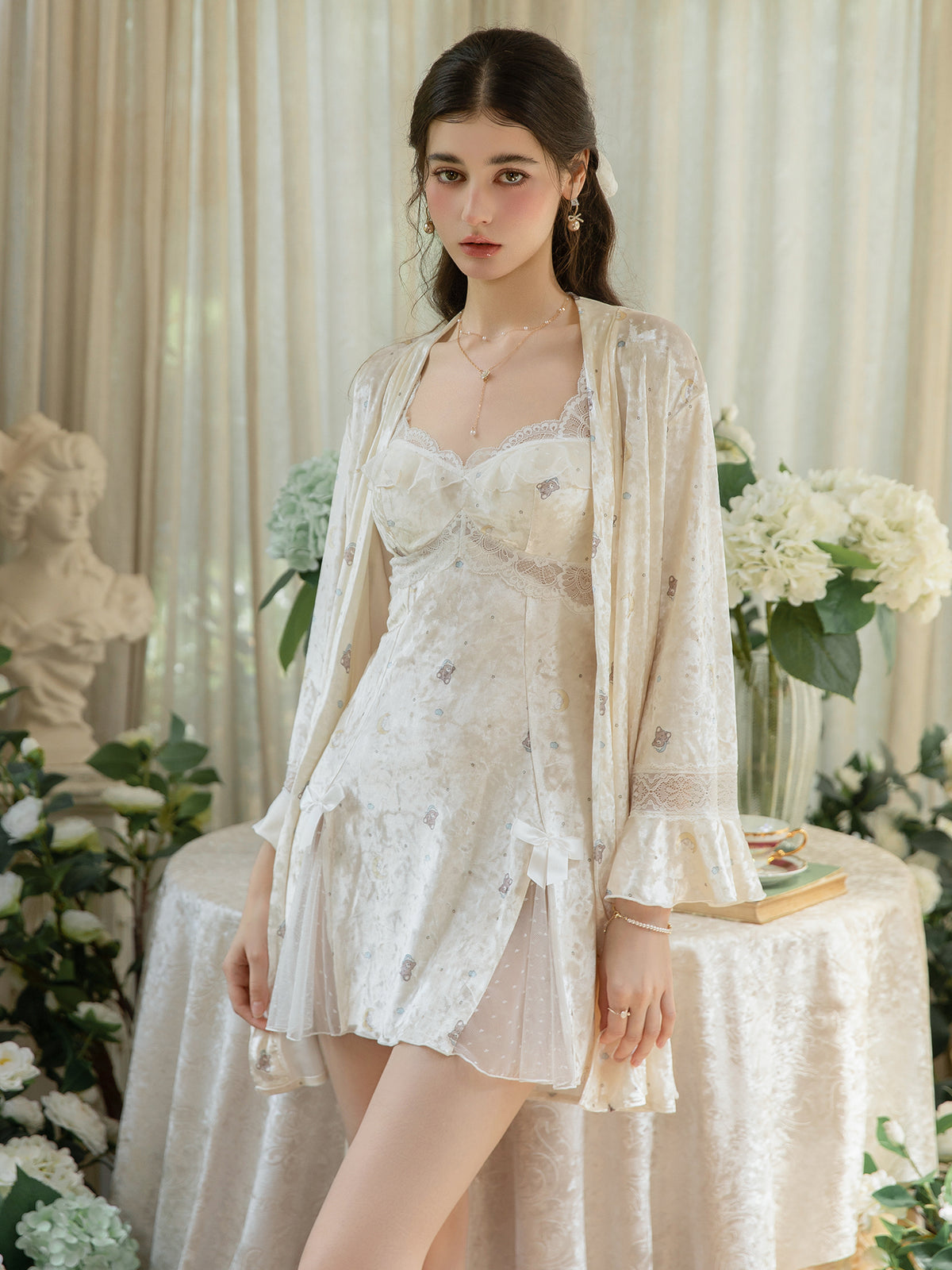 Light Yellow flounced cuff robe and sheer panel mini nightdress front view