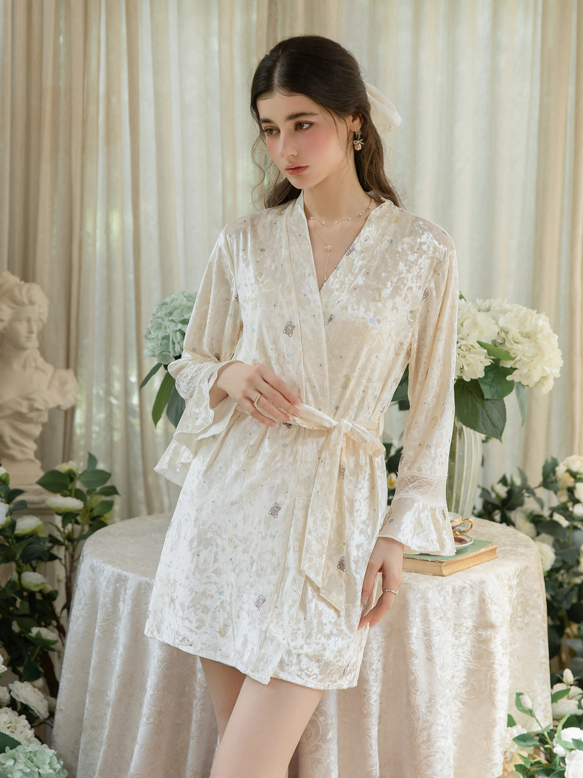 Light Yellow teddy bear and moon print wrap robe tied at the waist