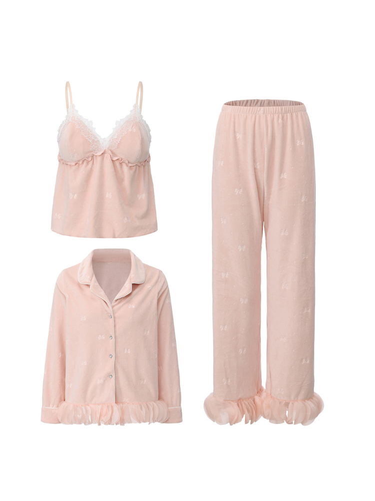 Pink bow print camisole pants and ruffle hem sleep jacket three piece flat lay