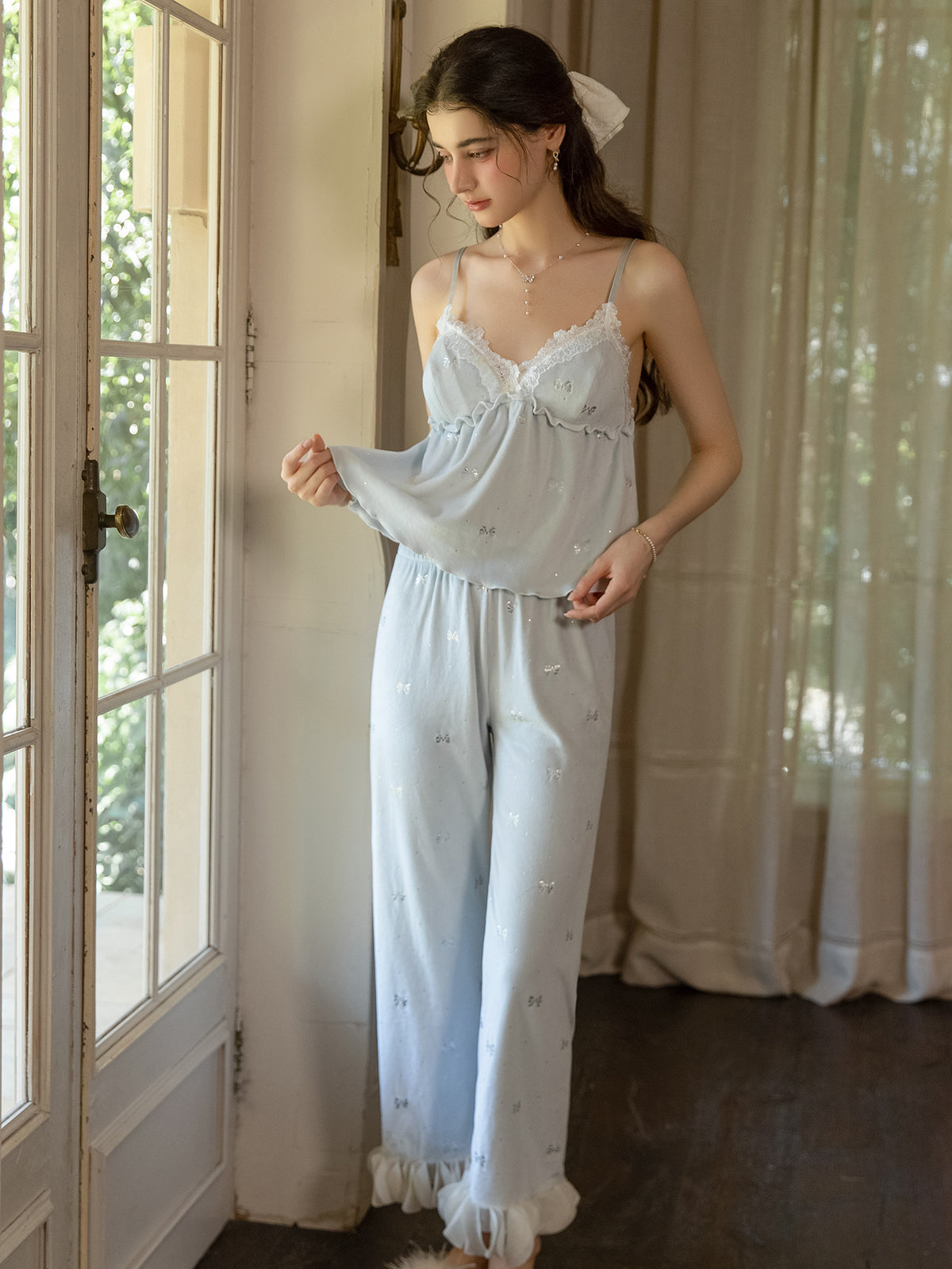 Light Blue lace V neck camisole and ruffle cuff pajama pants front view