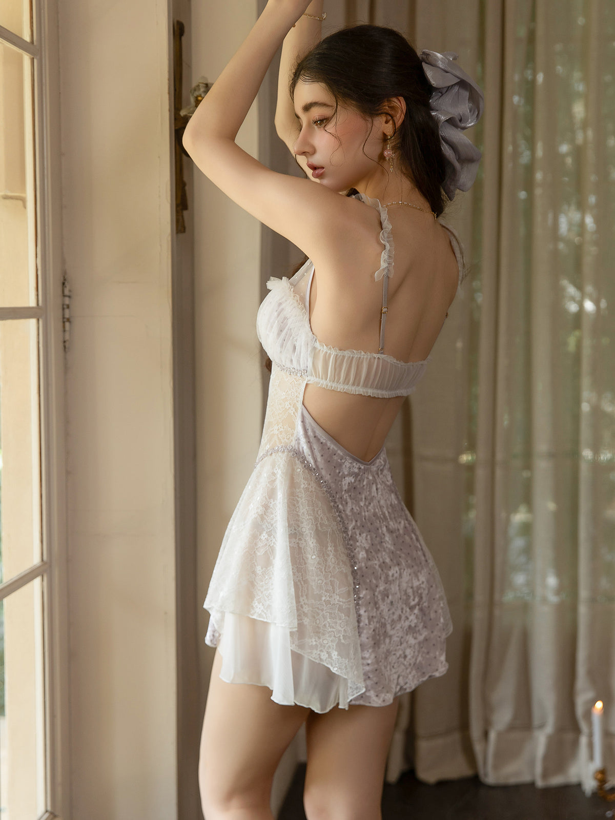 Lavender lace panel mini nightdress rear view showing open back