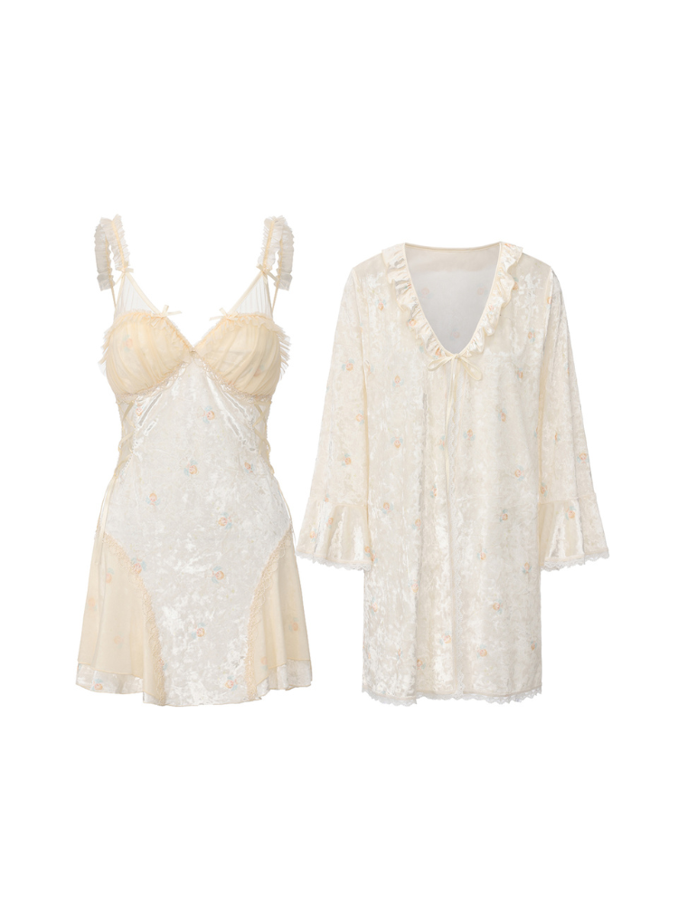 Light Yellow floral print ruffle cup mini slip dress and ribbon tie robe flat lay