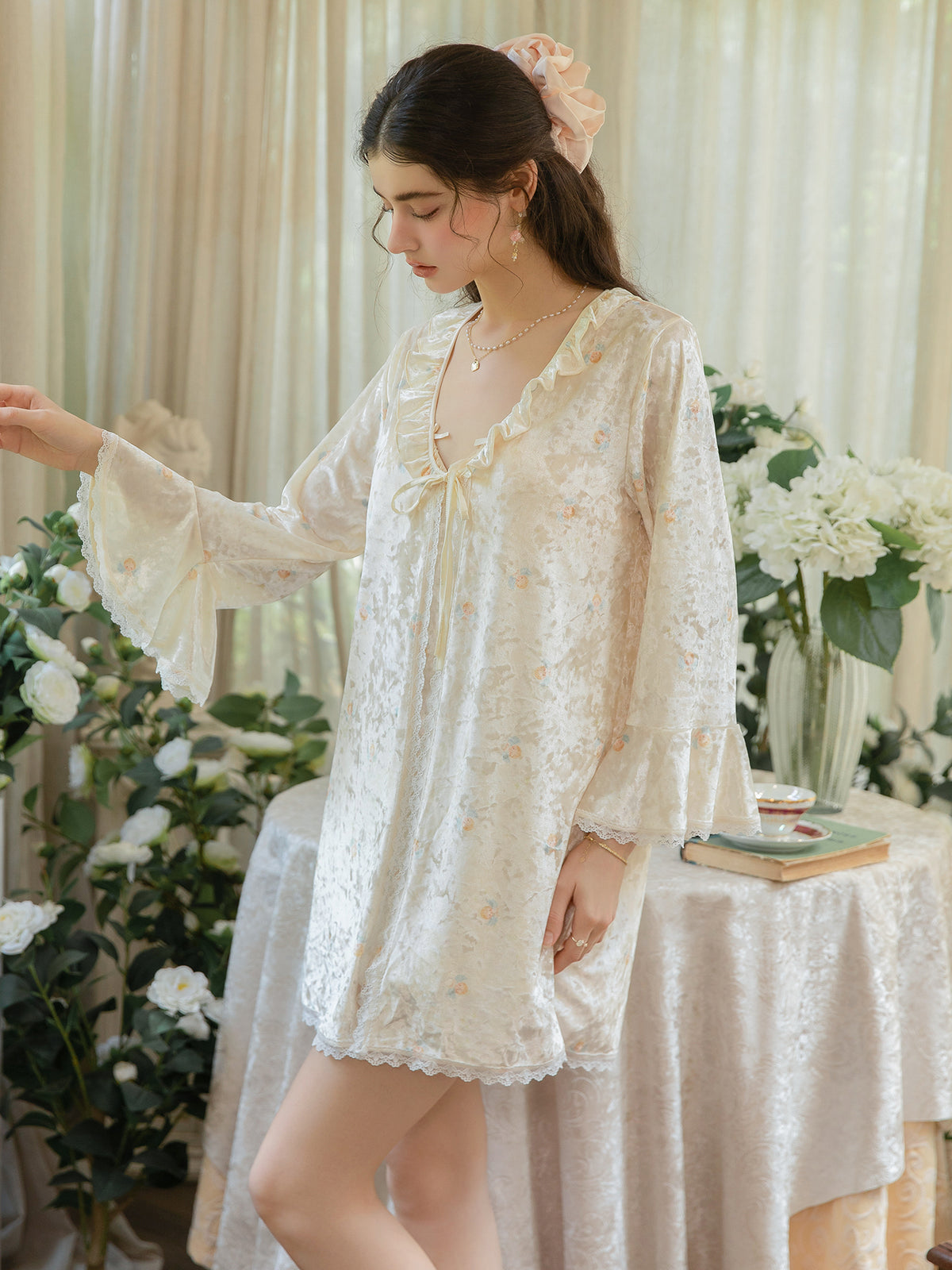 Light Yellow long sleeve floral robe tied at the front neckline
