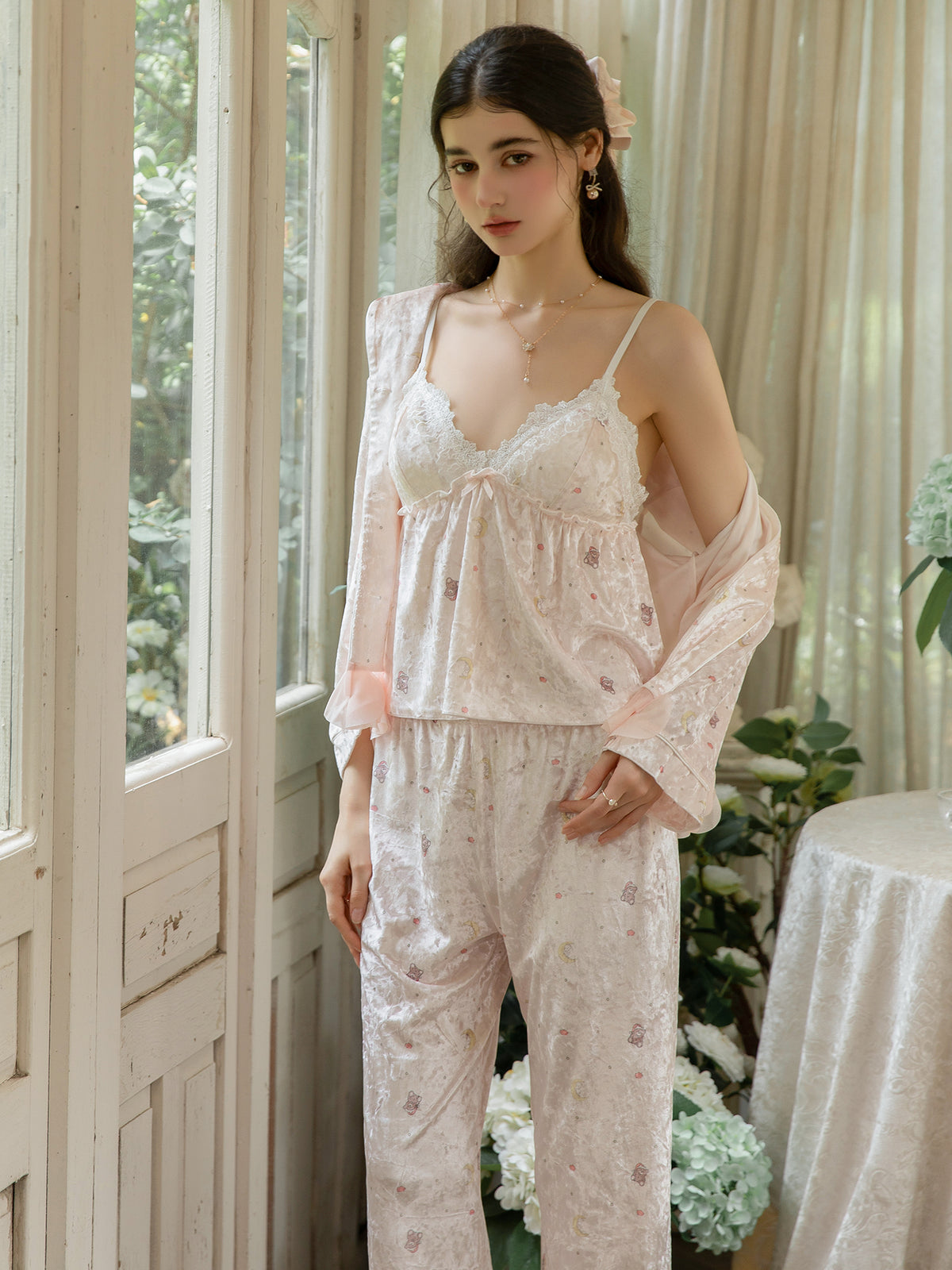 Light Pink teddy bear sleep jacket worn open over camisole and pants