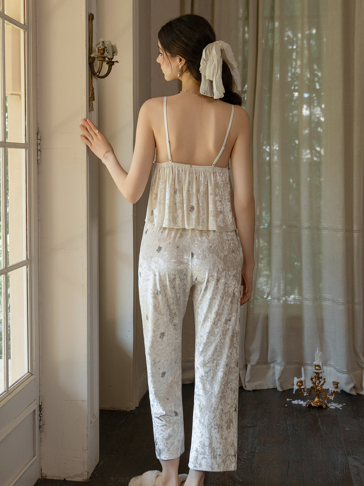 Light Yellow moon print camisole and pajama pants rear view
