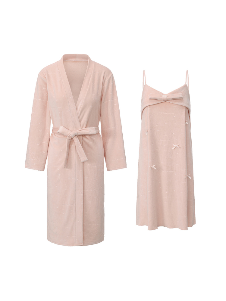 Pink folded bow bodice slip dress and below knee wrap robe flat lay
