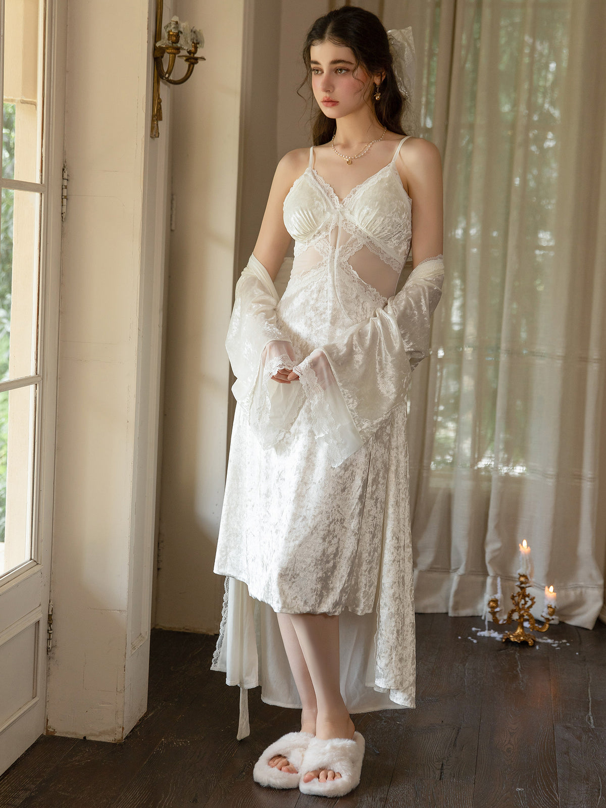 Ivory velvet lace cuff robe draped over coordinating sheer waist slip dress