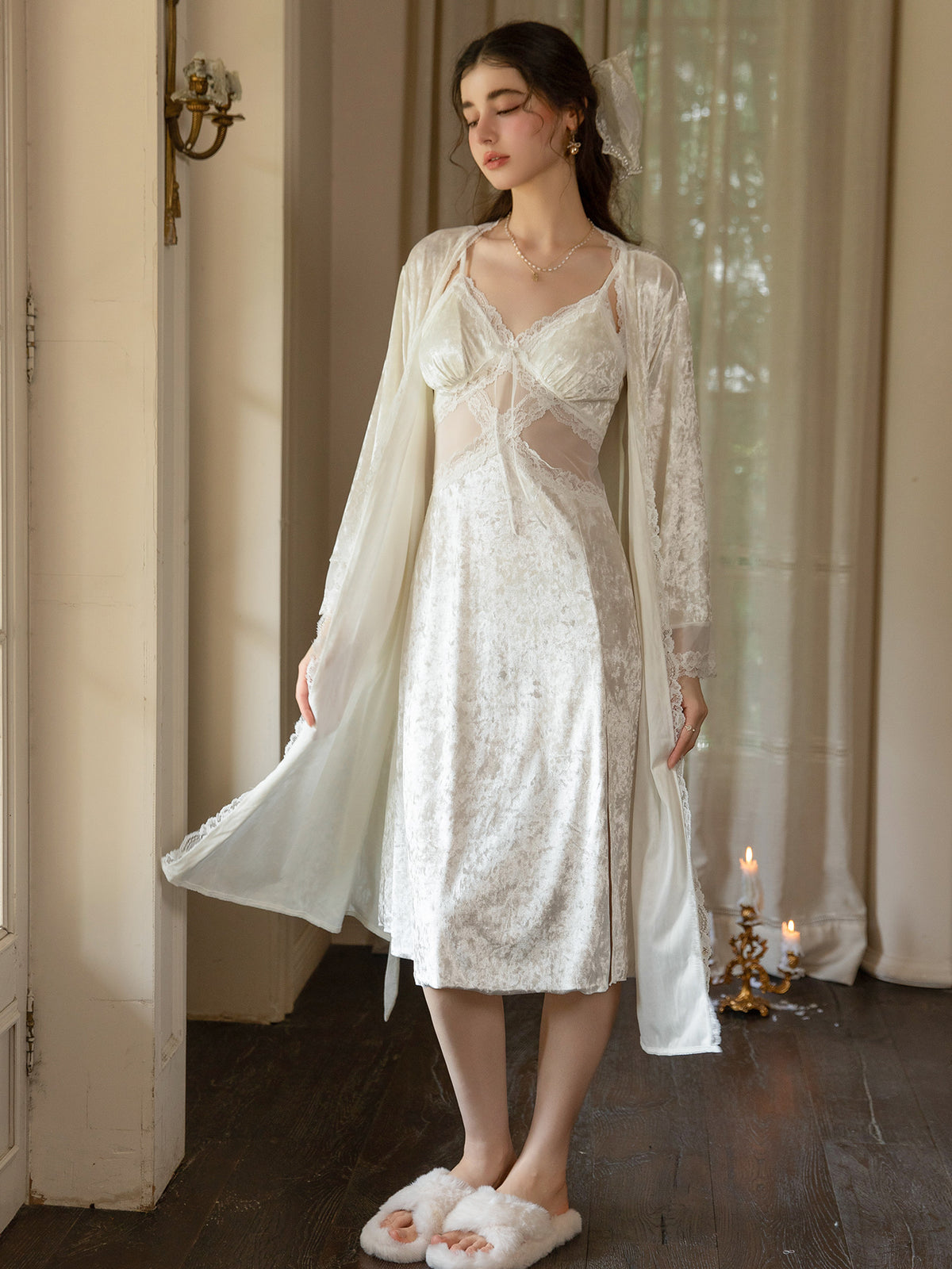 Ivory long sleeve velvet wrap robe worn open over midi nightdress