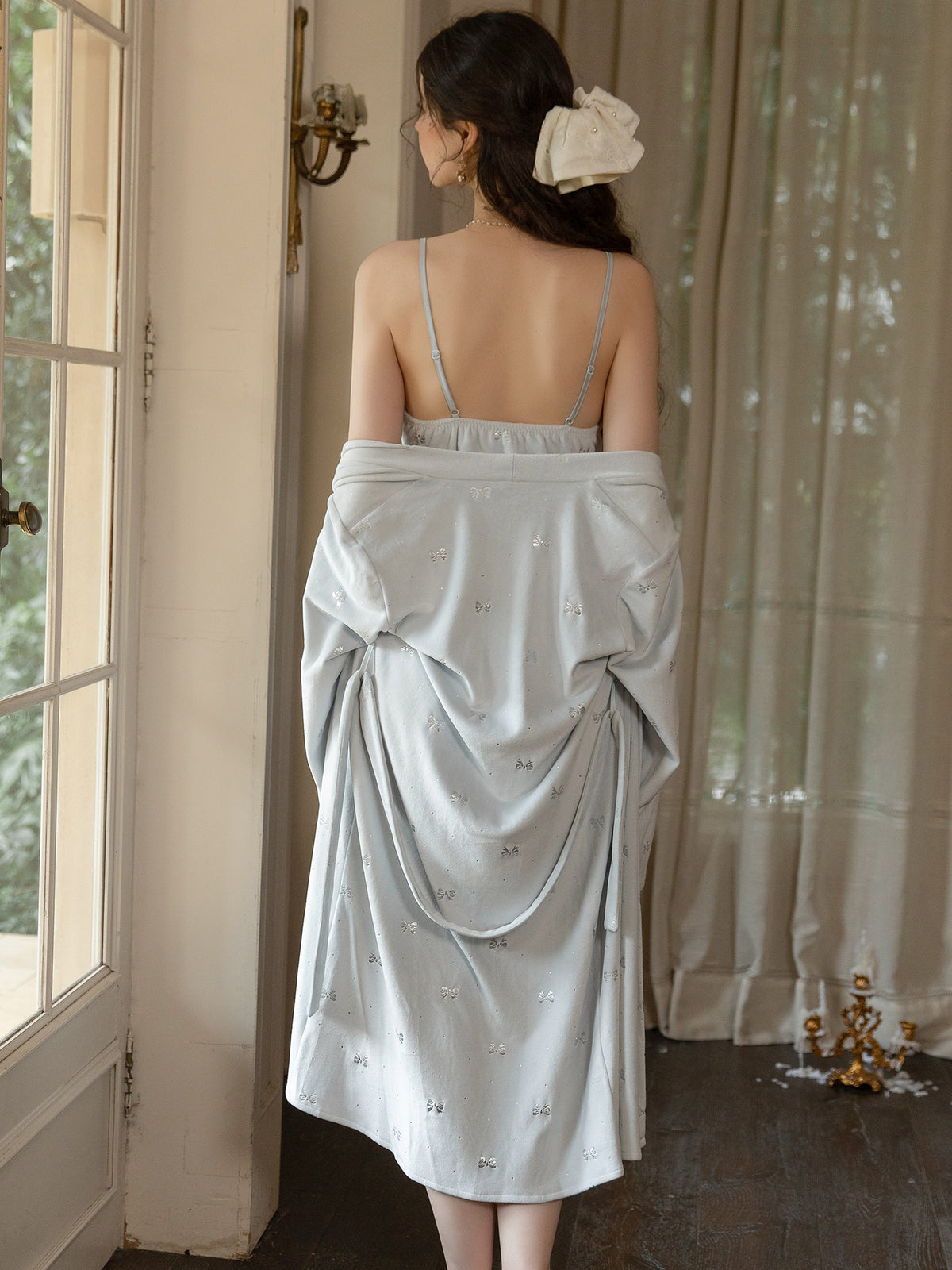 Light Blue open front robe and bow print nightdress rear view