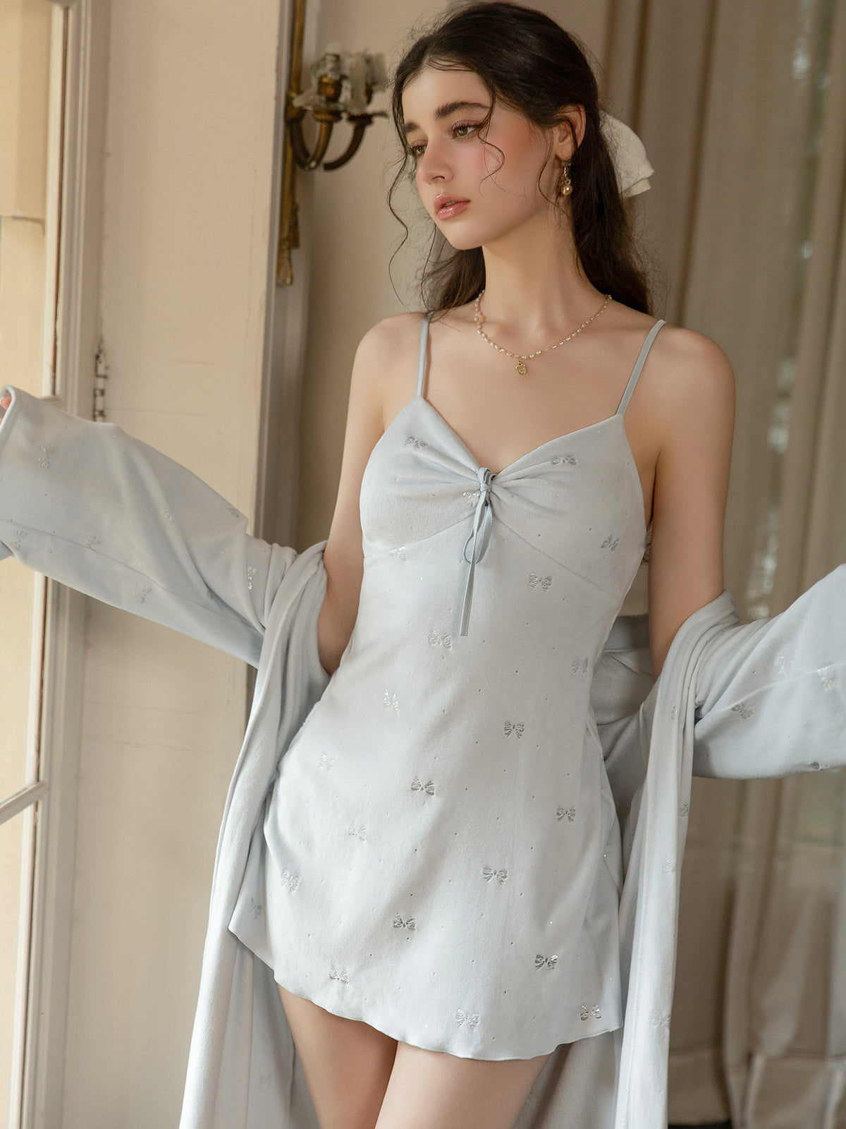 Light Blue bow motif mini slip dress and draped open front robe