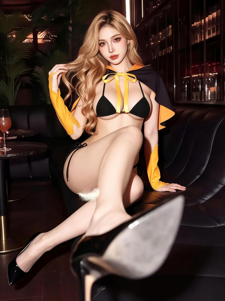 Black and orange cat ear hooded cape bodystocking costume set bra and briefs under hooded cape