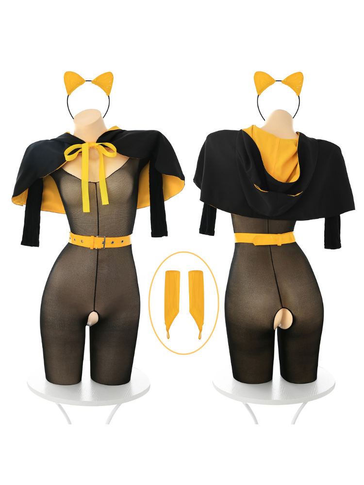Black and orange cat ear hooded cape bodystocking costume set front and rear mannequin views and arm sleeves