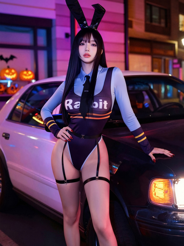 Purple and light blue collared bunny bodysuit costume set standing front view