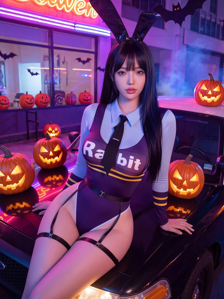 Purple and light blue collared bunny bodysuit costume set seated front view