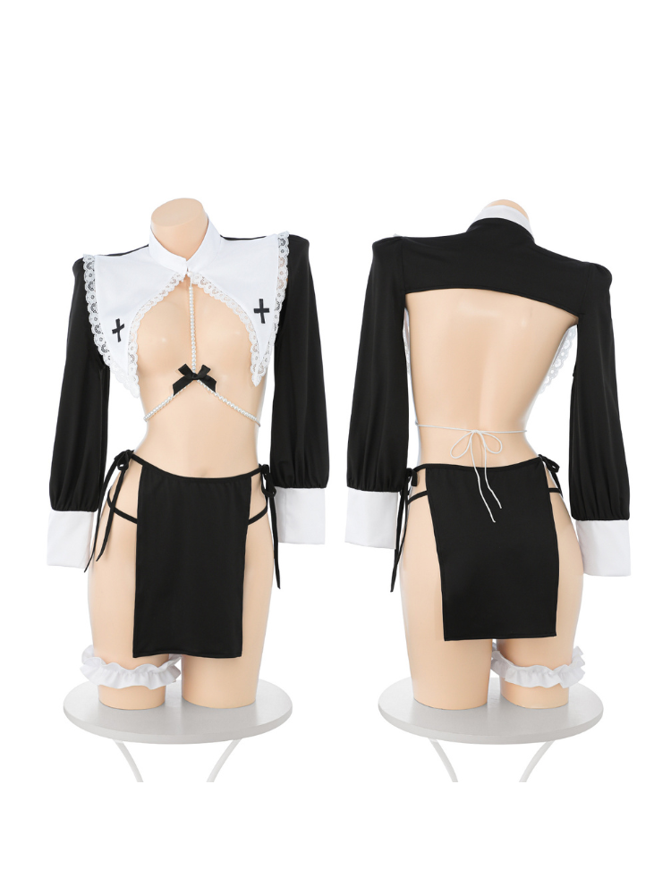 Black and white cutout collared veil and skirt costume set front and rear mannequin views