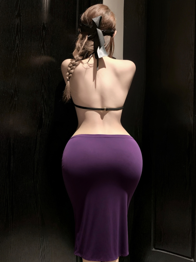 Black floral halter bodysuit and purple high slit skirt lingerie set rear view showing open back and fitted skirt