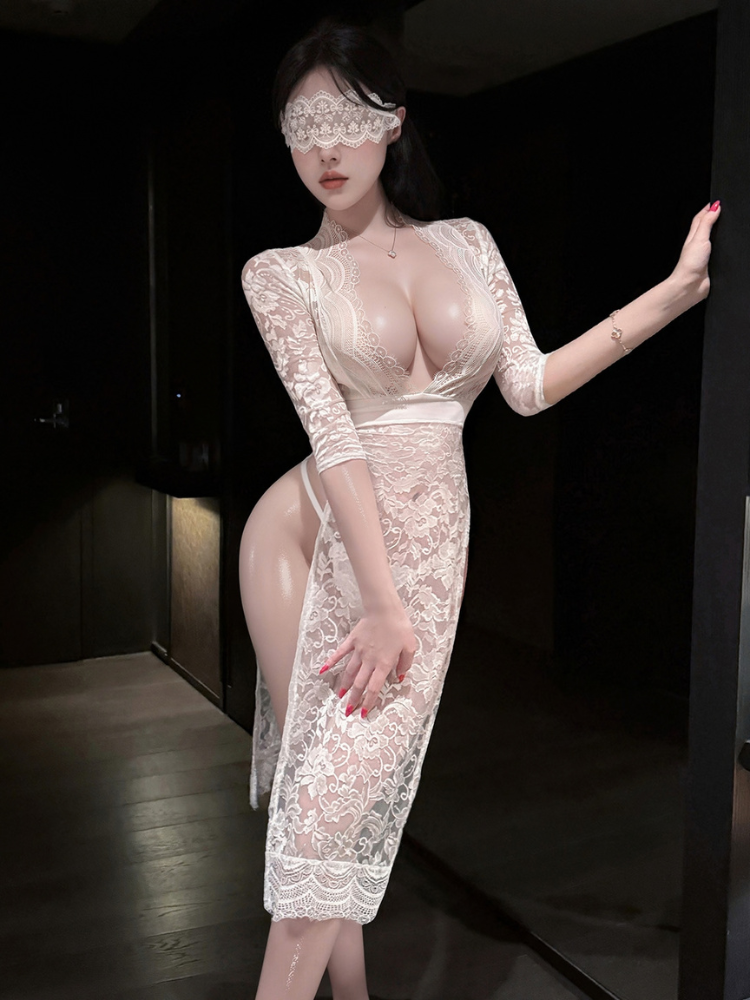 Plunging floral double slit three quarter sleeve nightdress White standing front view