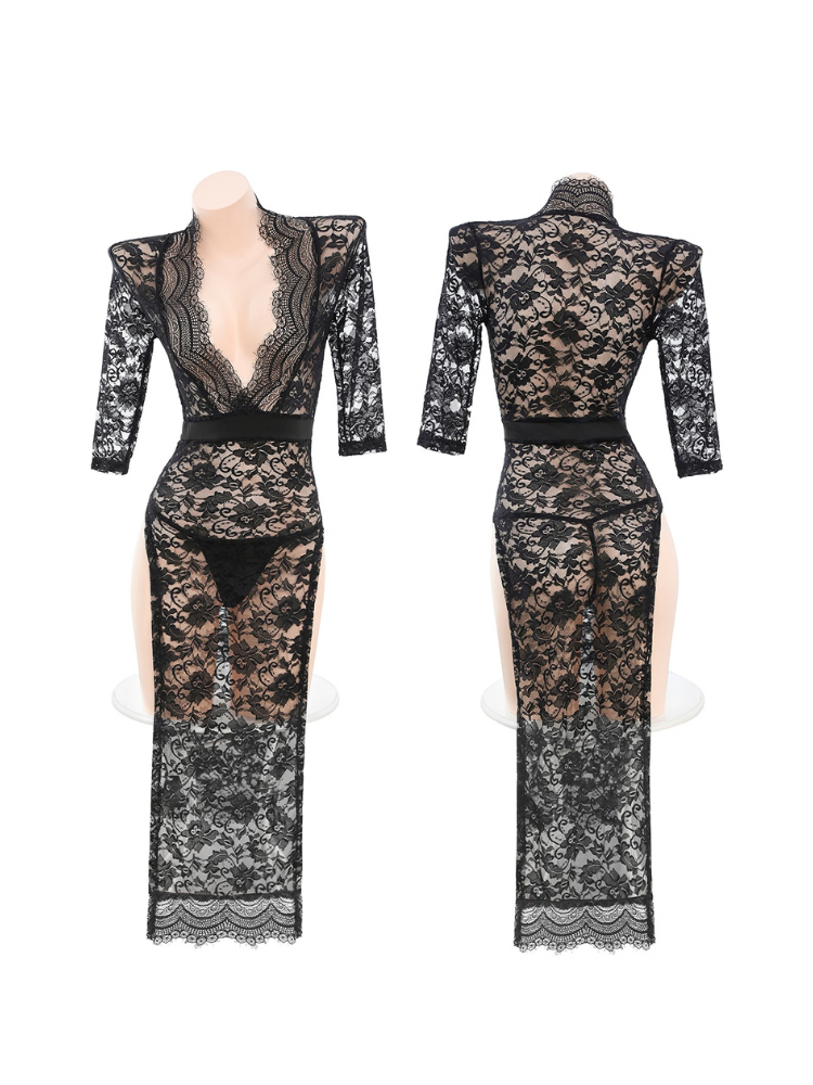 Plunging floral double slit three quarter sleeve nightdress Black front and rear mannequin views