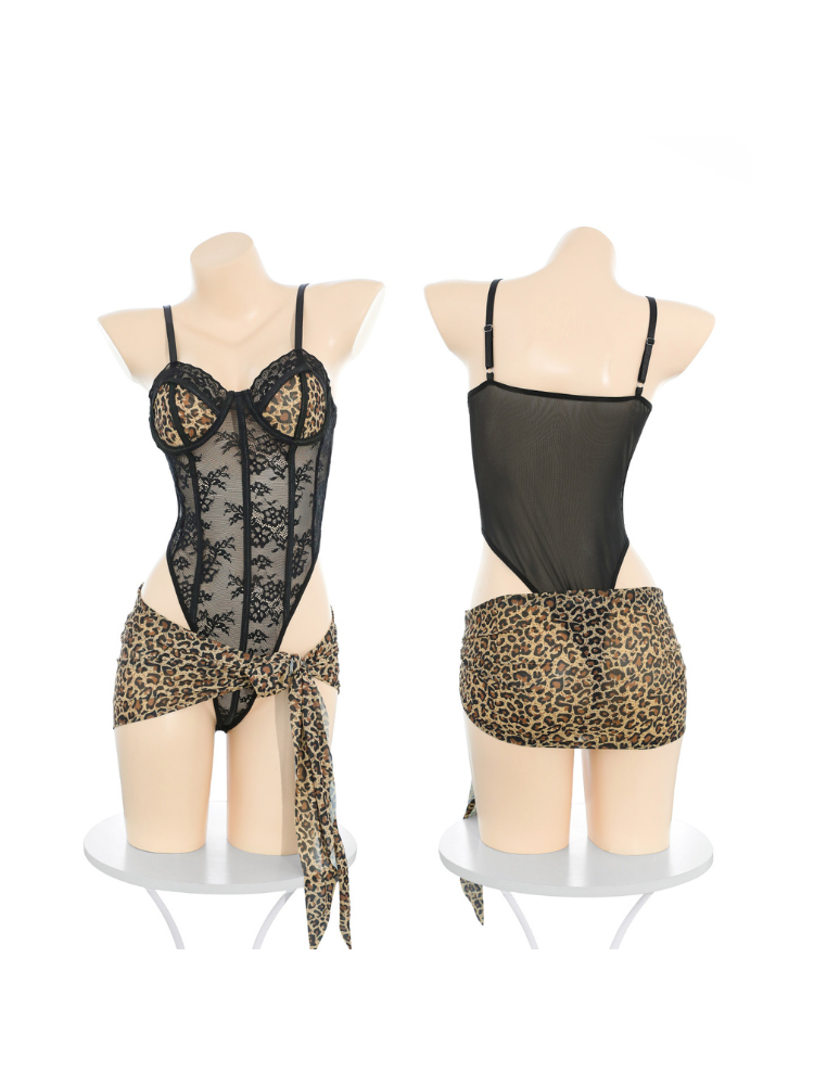 Scalloped cup bodysuit and tie side wrap skirt lingerie set Brown front and rear mannequin views