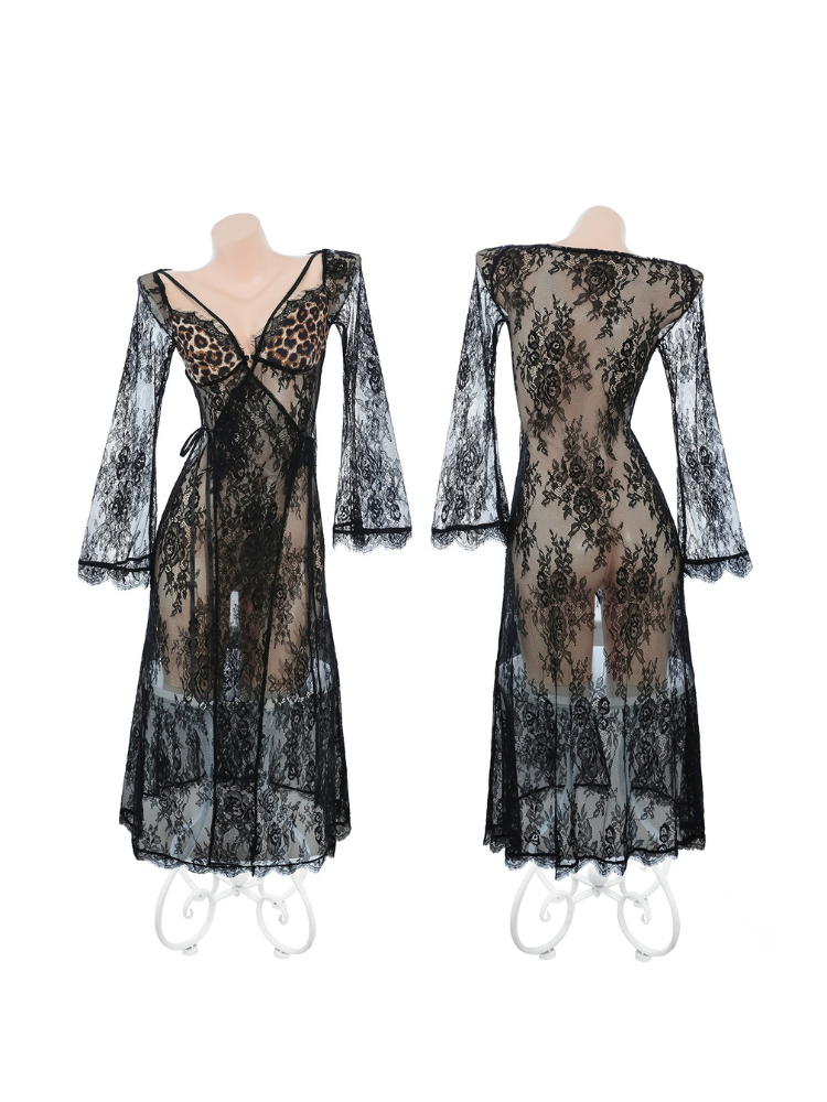 Black floral leopard cup high slit bell sleeve nightdress front and rear mannequin views