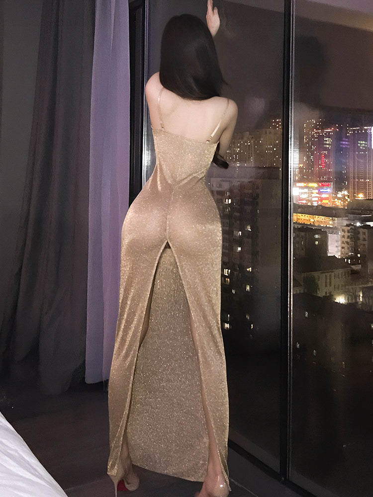 Gold shimmer cutout strappy maxi lingerie dress rear view showing high back slit