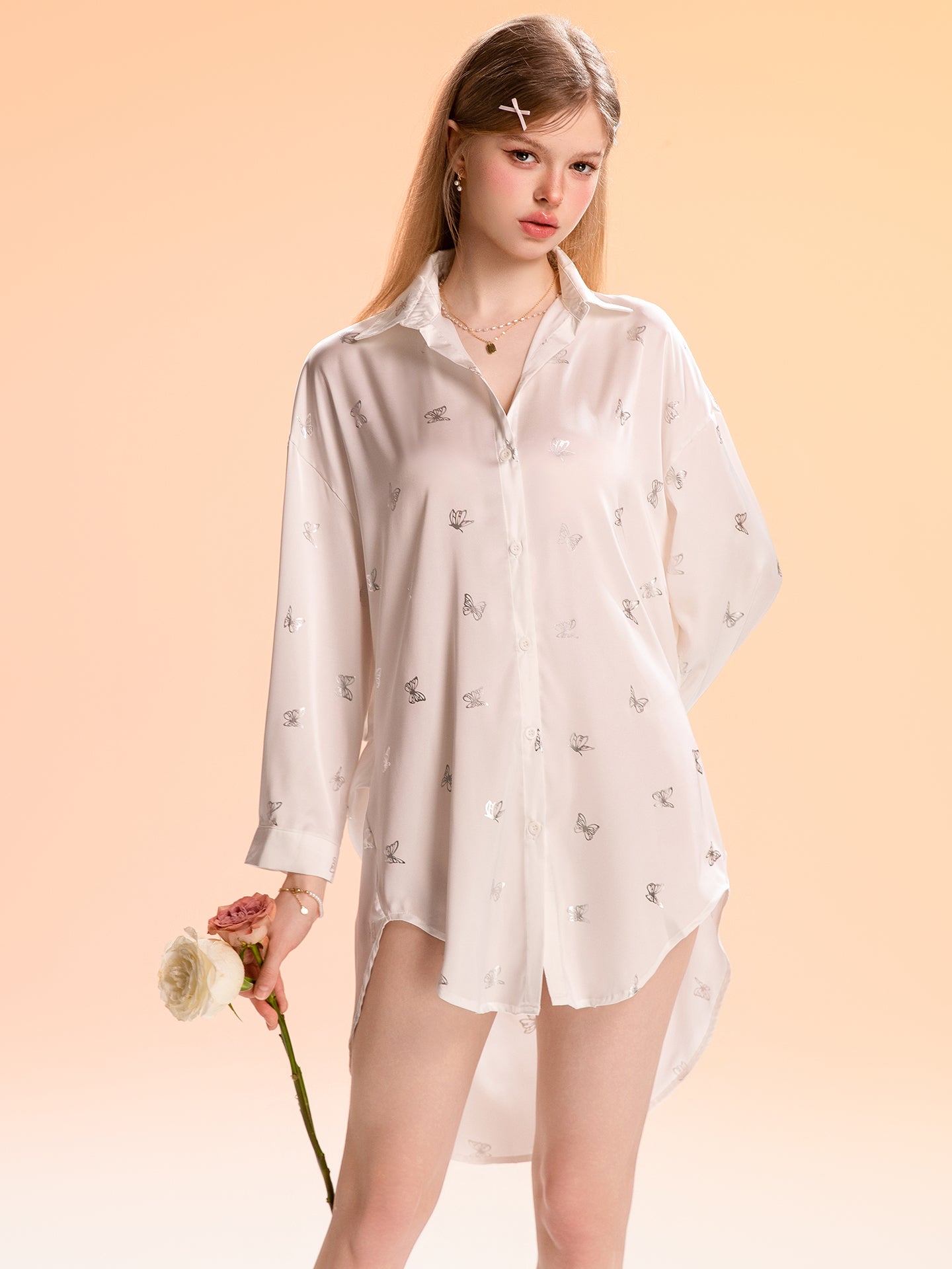 White oversized satin sleep shirt standing view