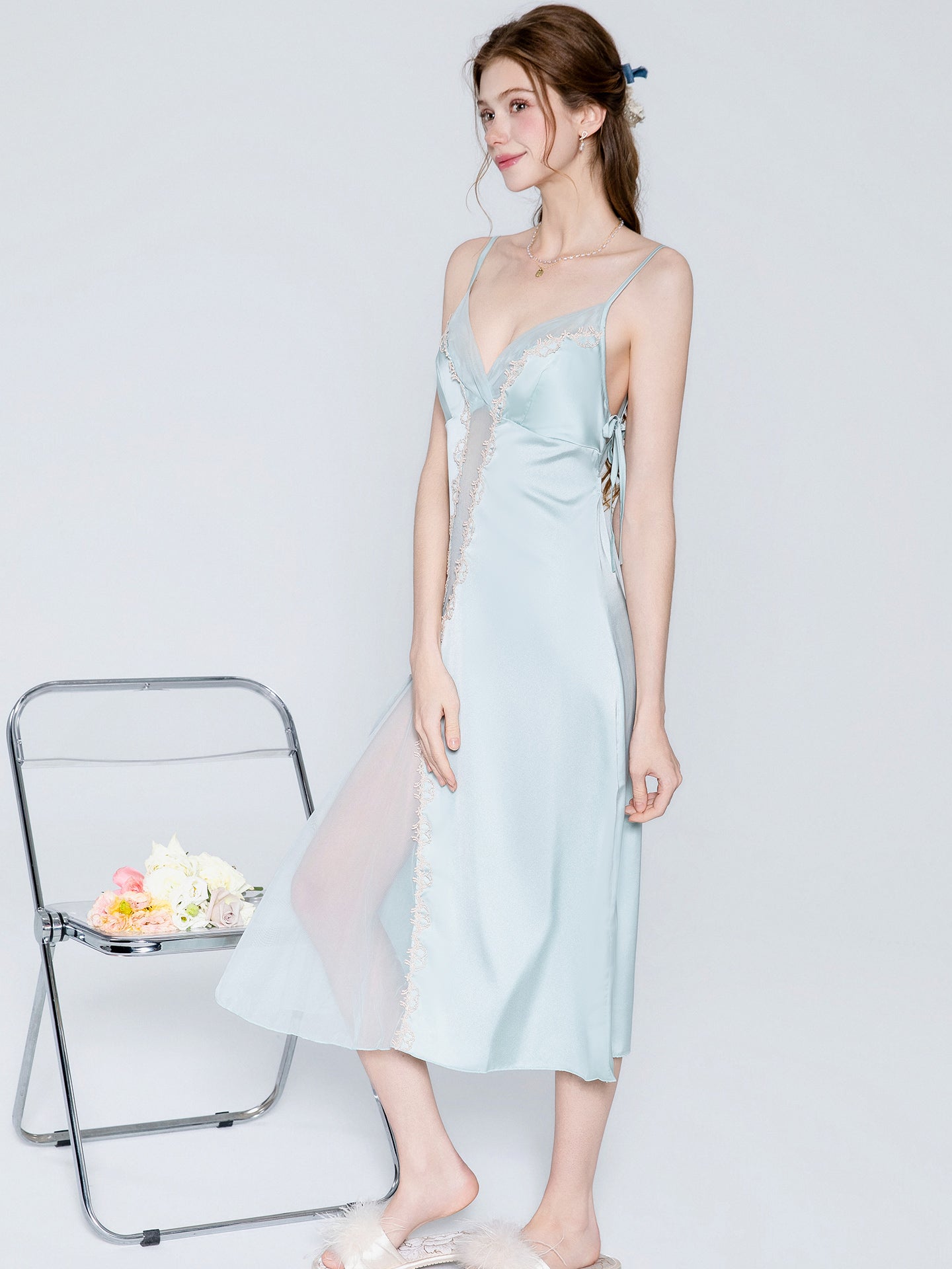 Satin lace panel midi nightgown image 3