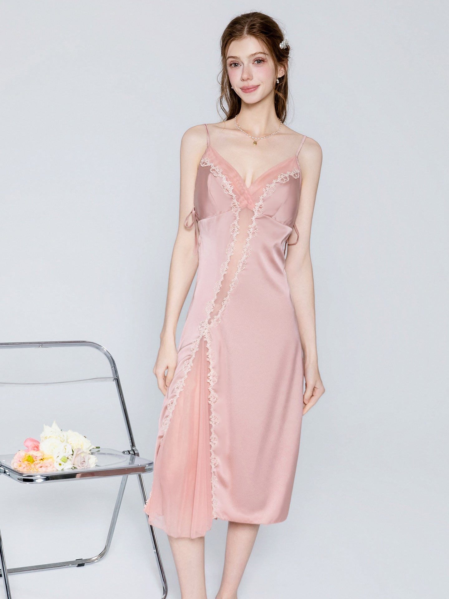 Satin lace panel midi nightgown image 9