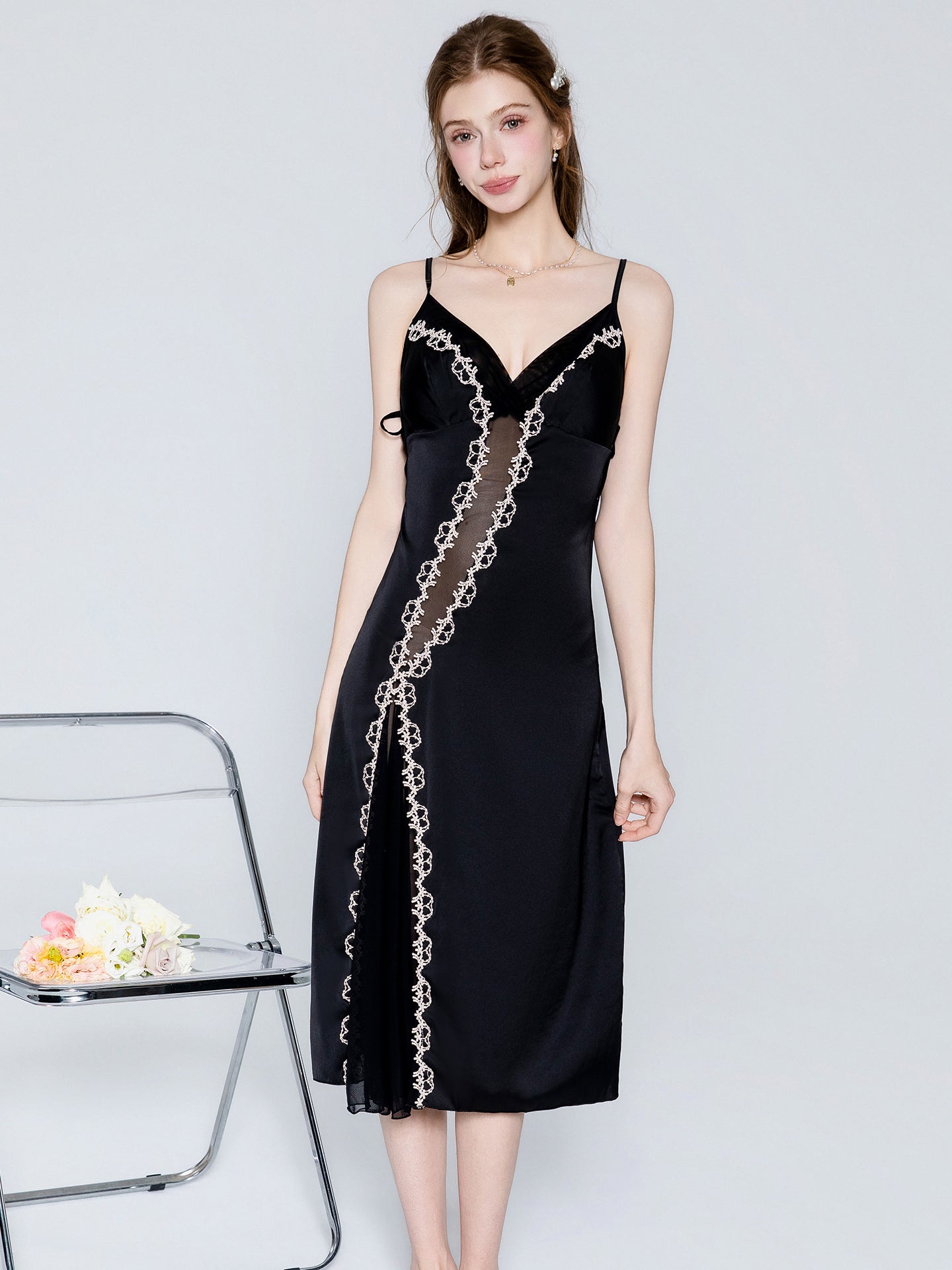 Satin lace panel midi nightgown image 11