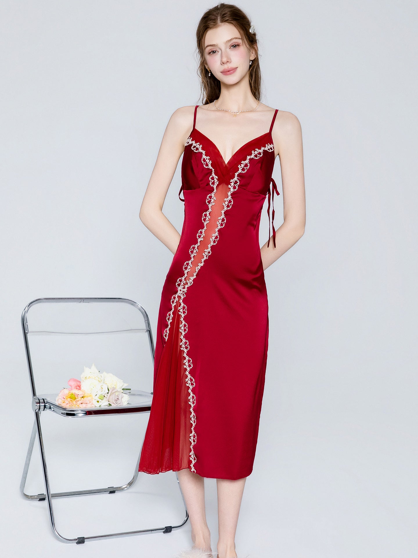 Satin lace panel midi nightgown image 14