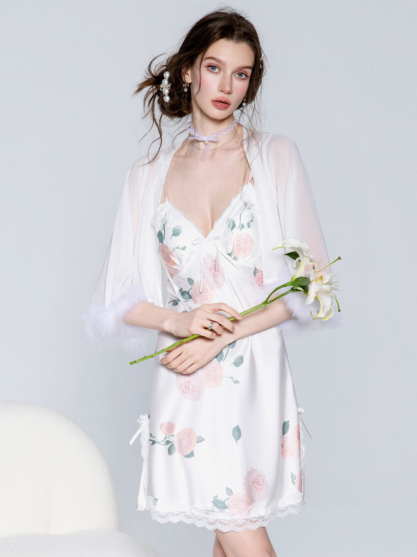 White floral satin slip nightgown and sheer robe image 1