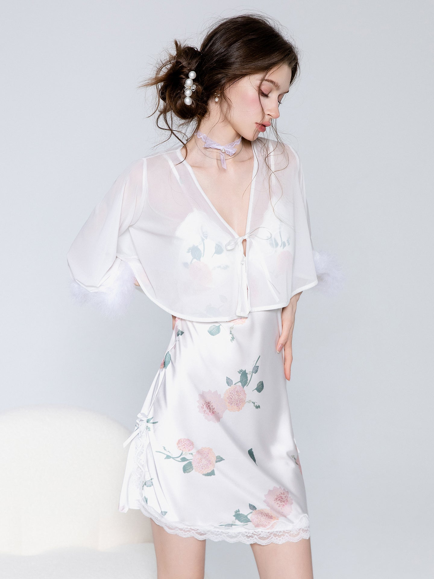 White floral satin slip nightgown and sheer robe image 6