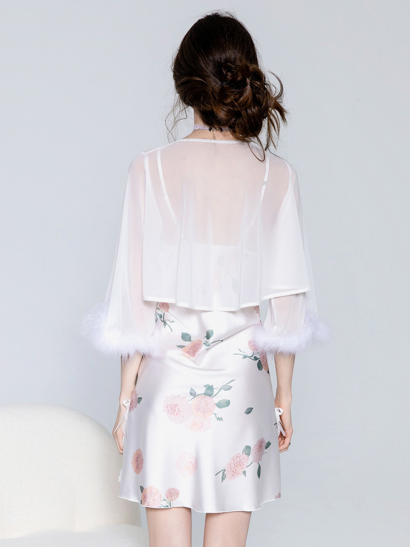White floral satin slip nightgown and sheer robe image 7