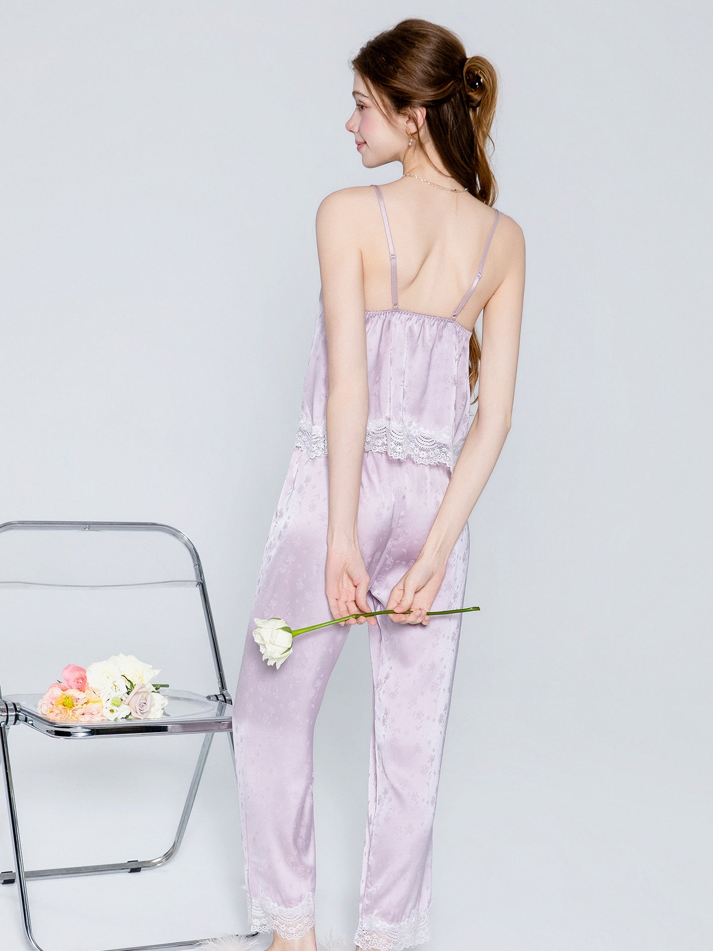 Lavender satin cami pants pajama set and robe image 1