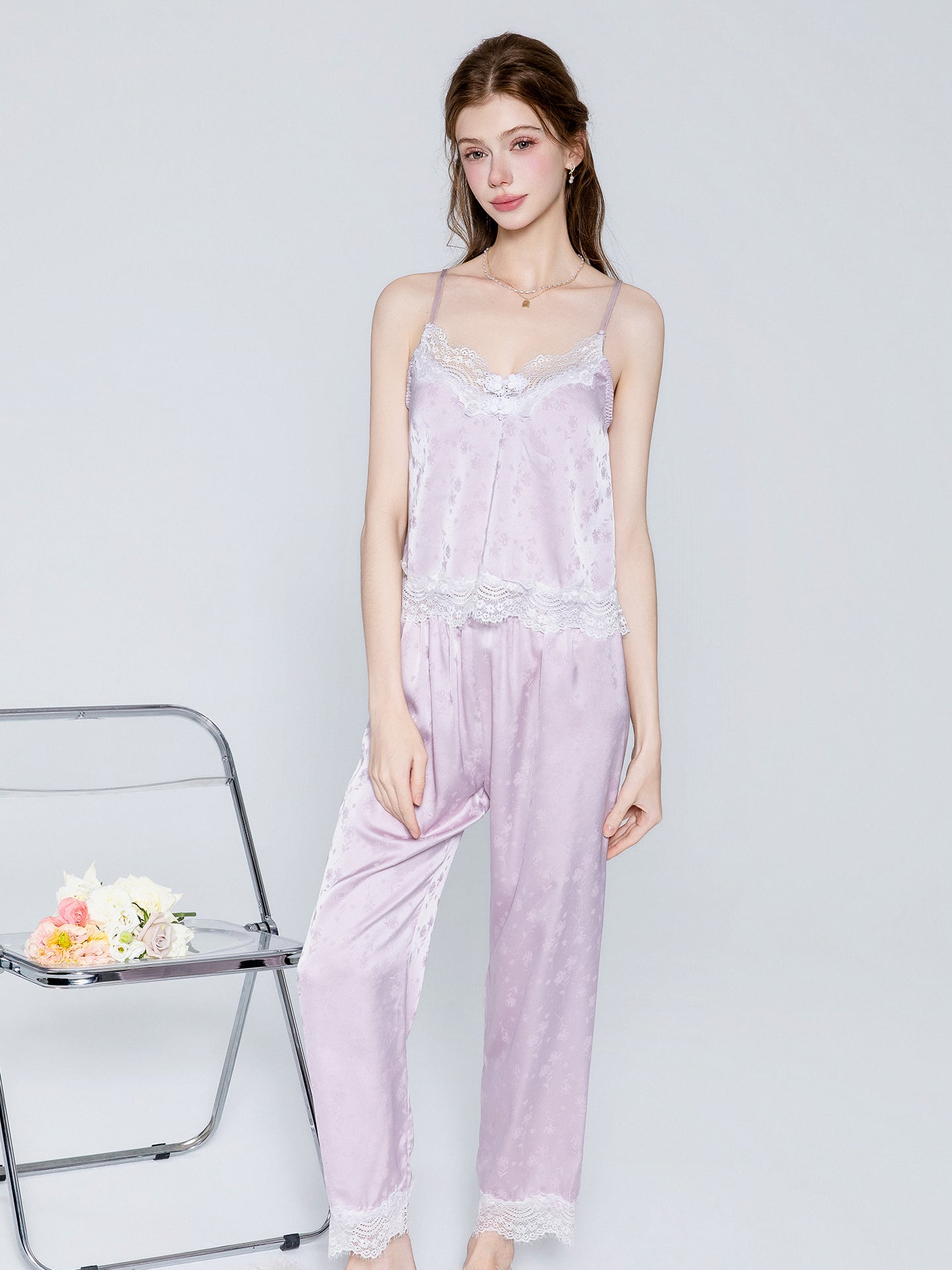 Lavender satin cami pants pajama set and robe image 3