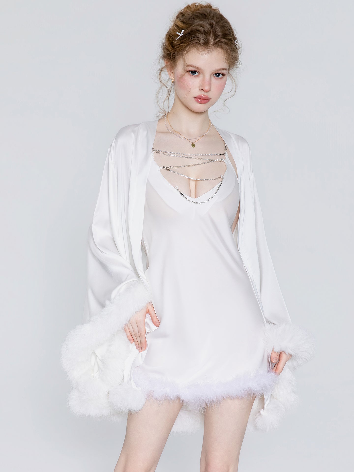 Feather trim satin slip nightgown and robe image 4