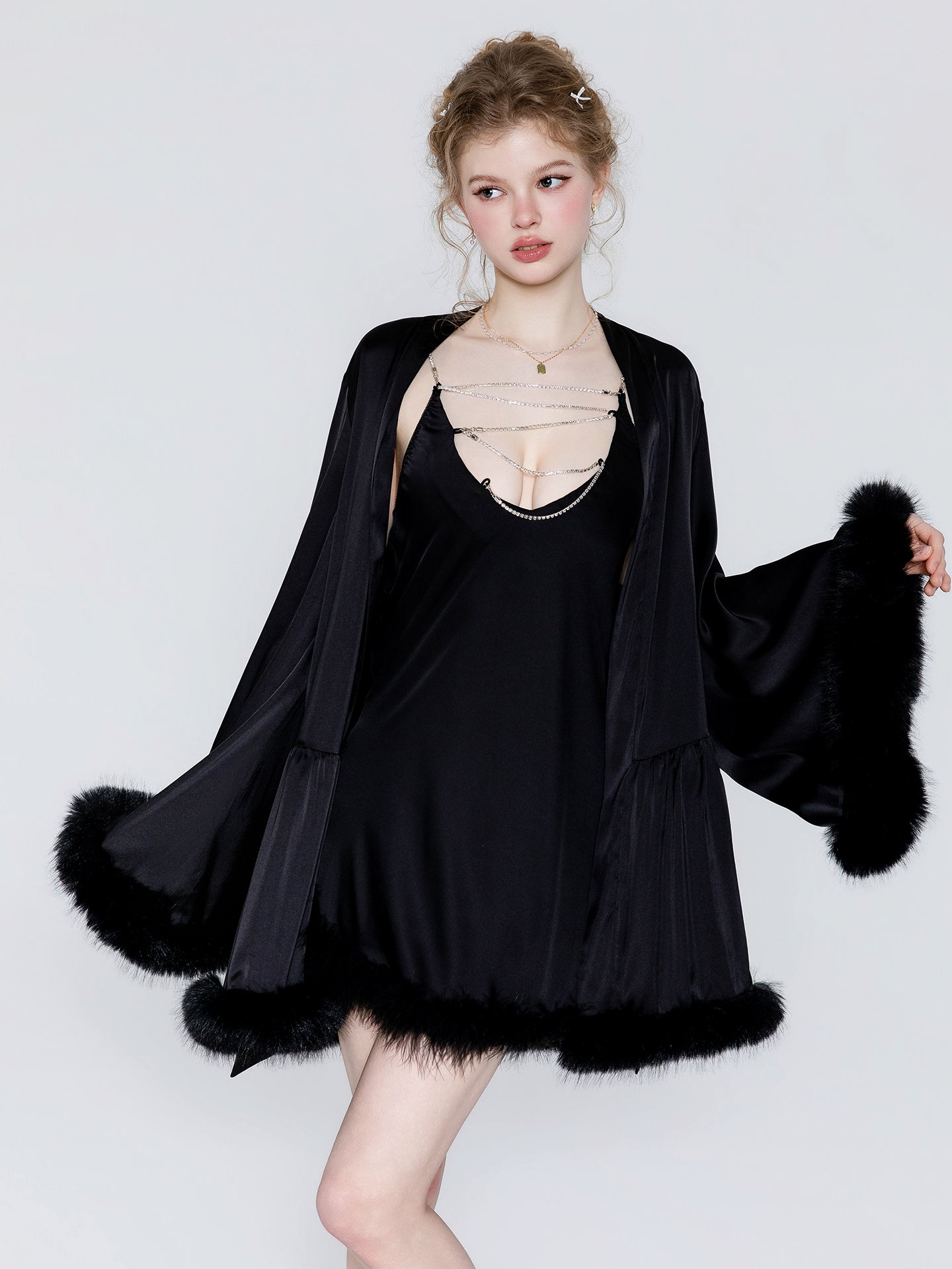 Feather trim satin slip nightgown and robe image 11
