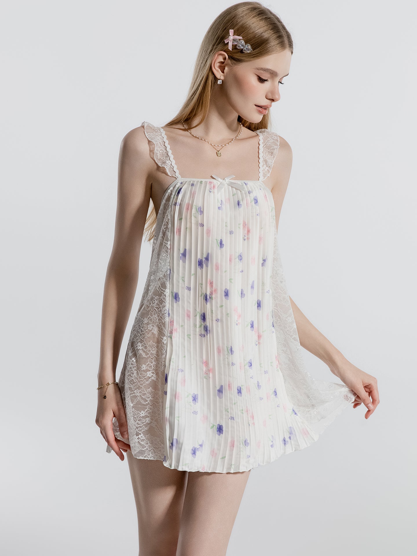 Bow front pleated mini nightgown full view