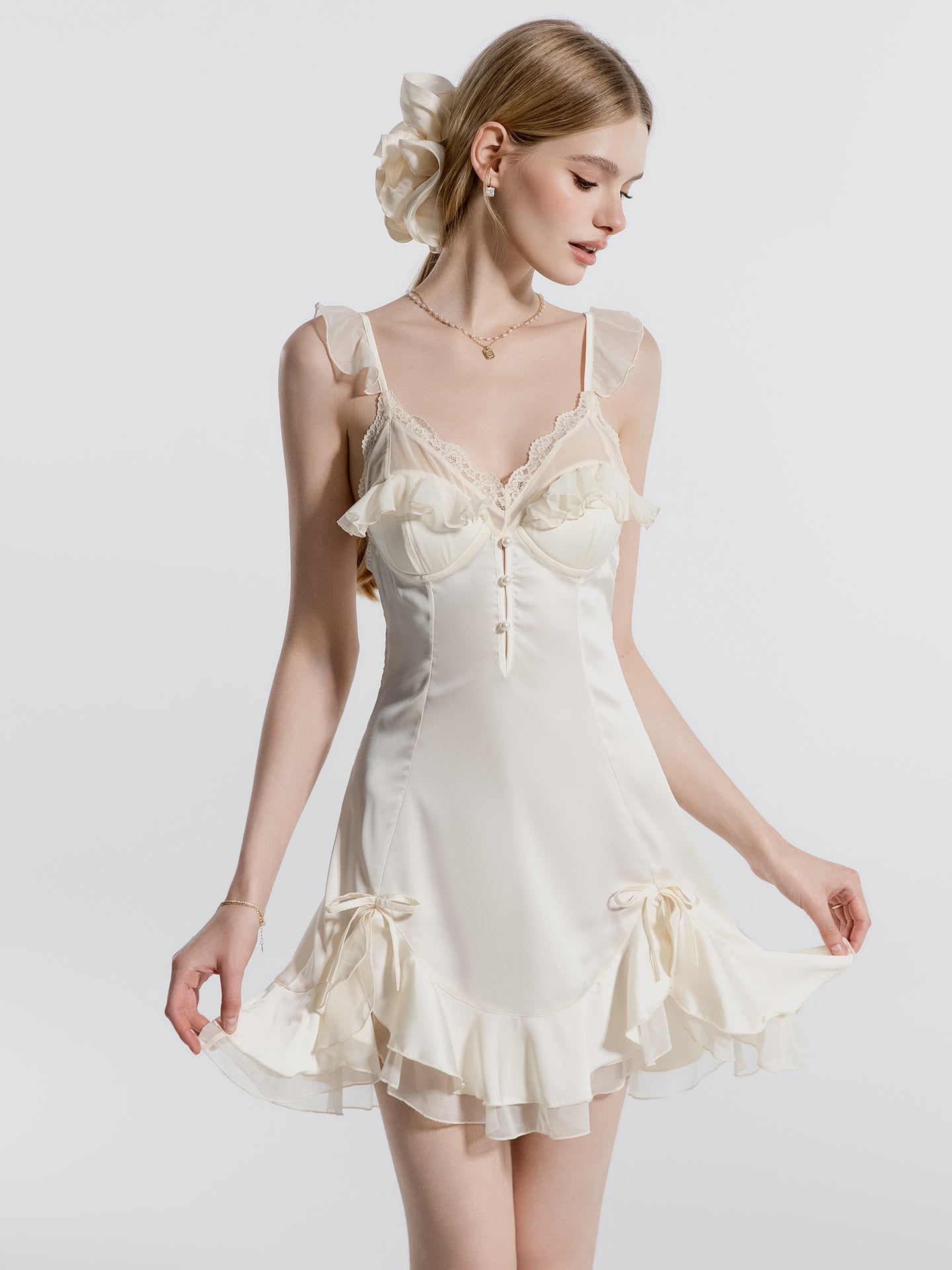 Pink ruffle satin nightgown view