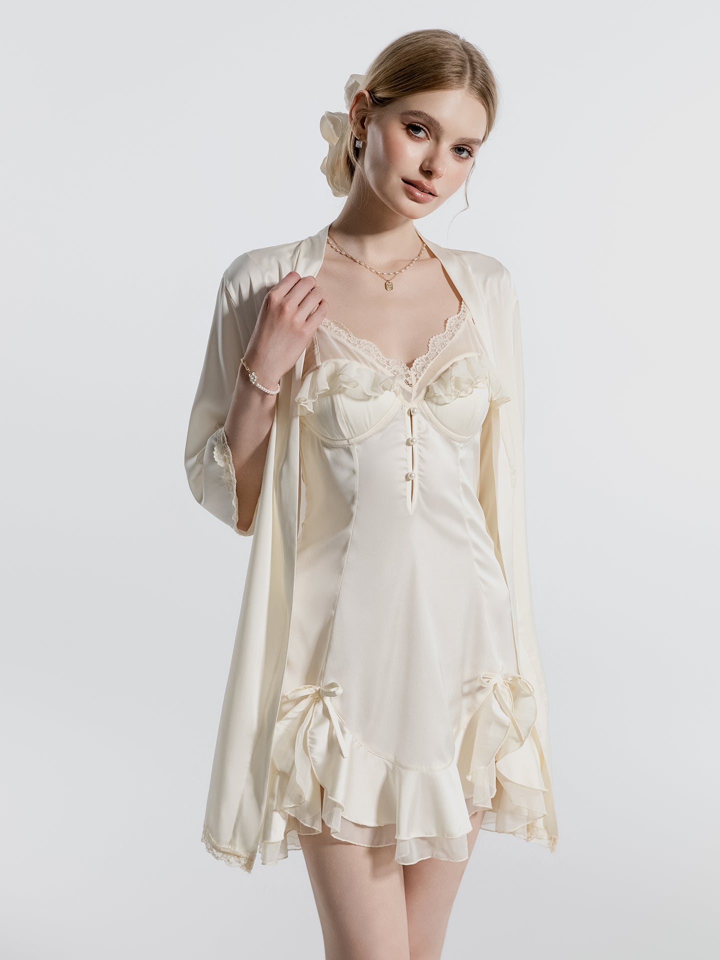 Lace cuff satin robe full view