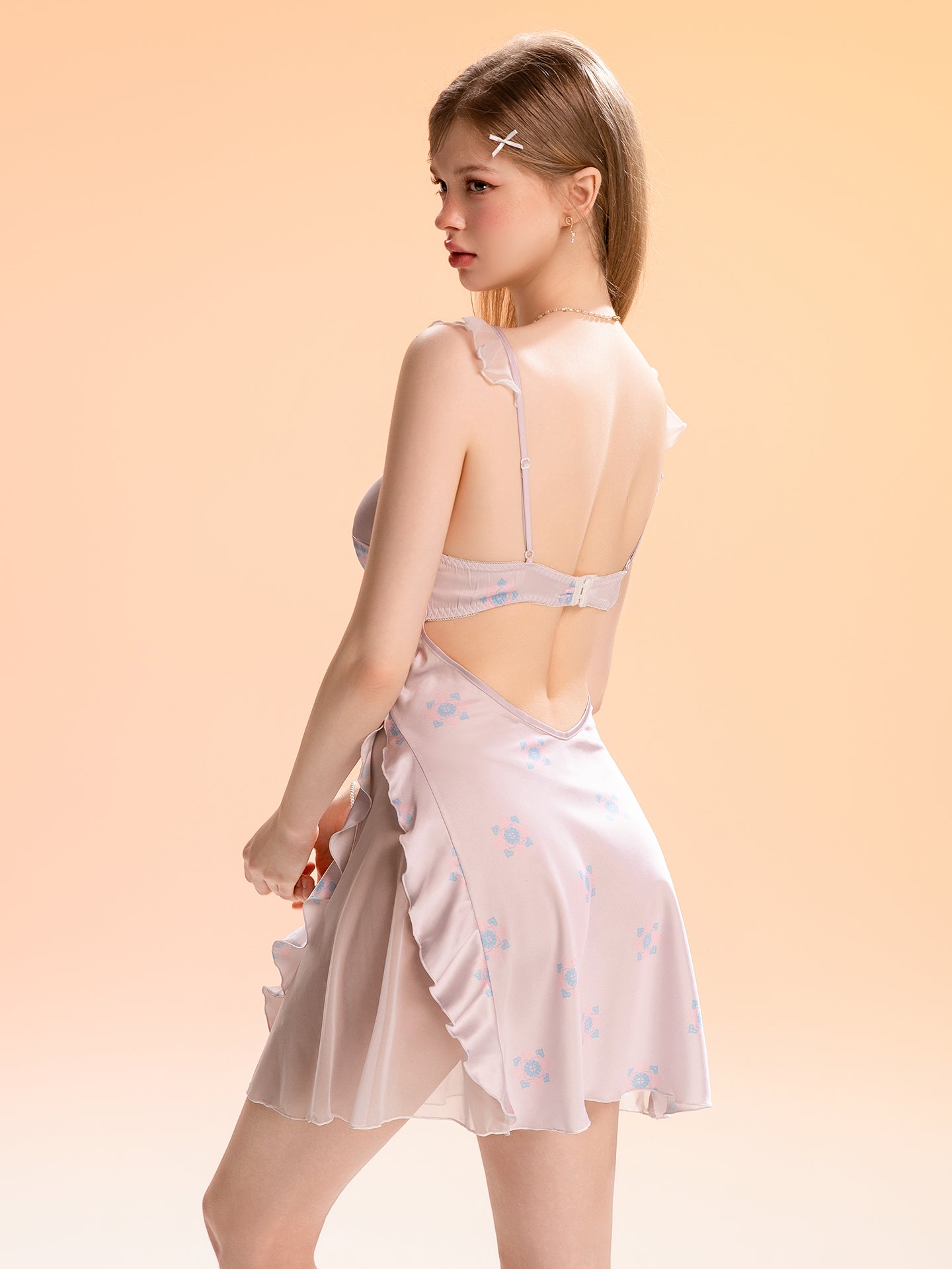 Open back layered mesh sleep dress rear view