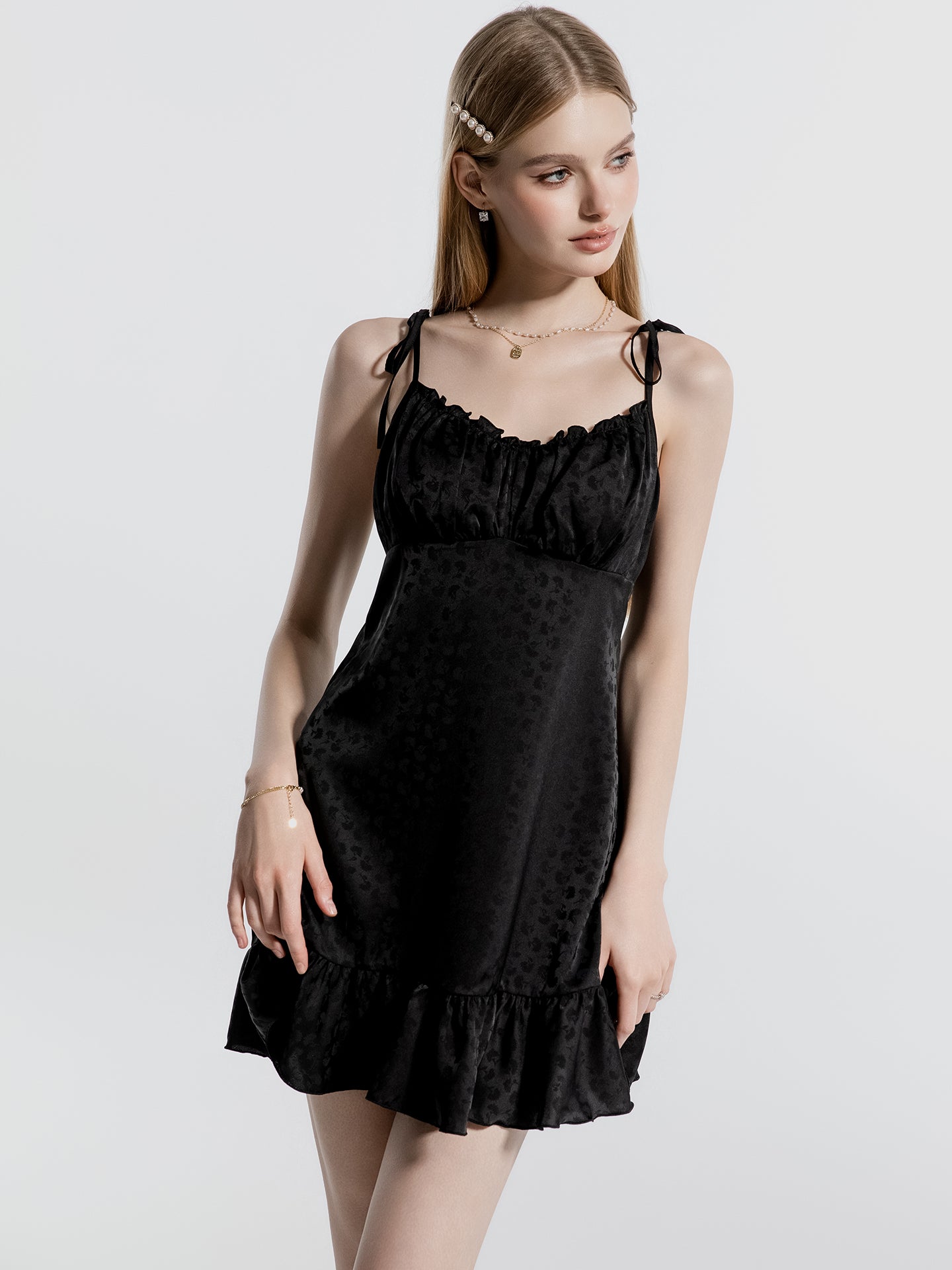 Black floral jacquard ruffle hem nightgown front view