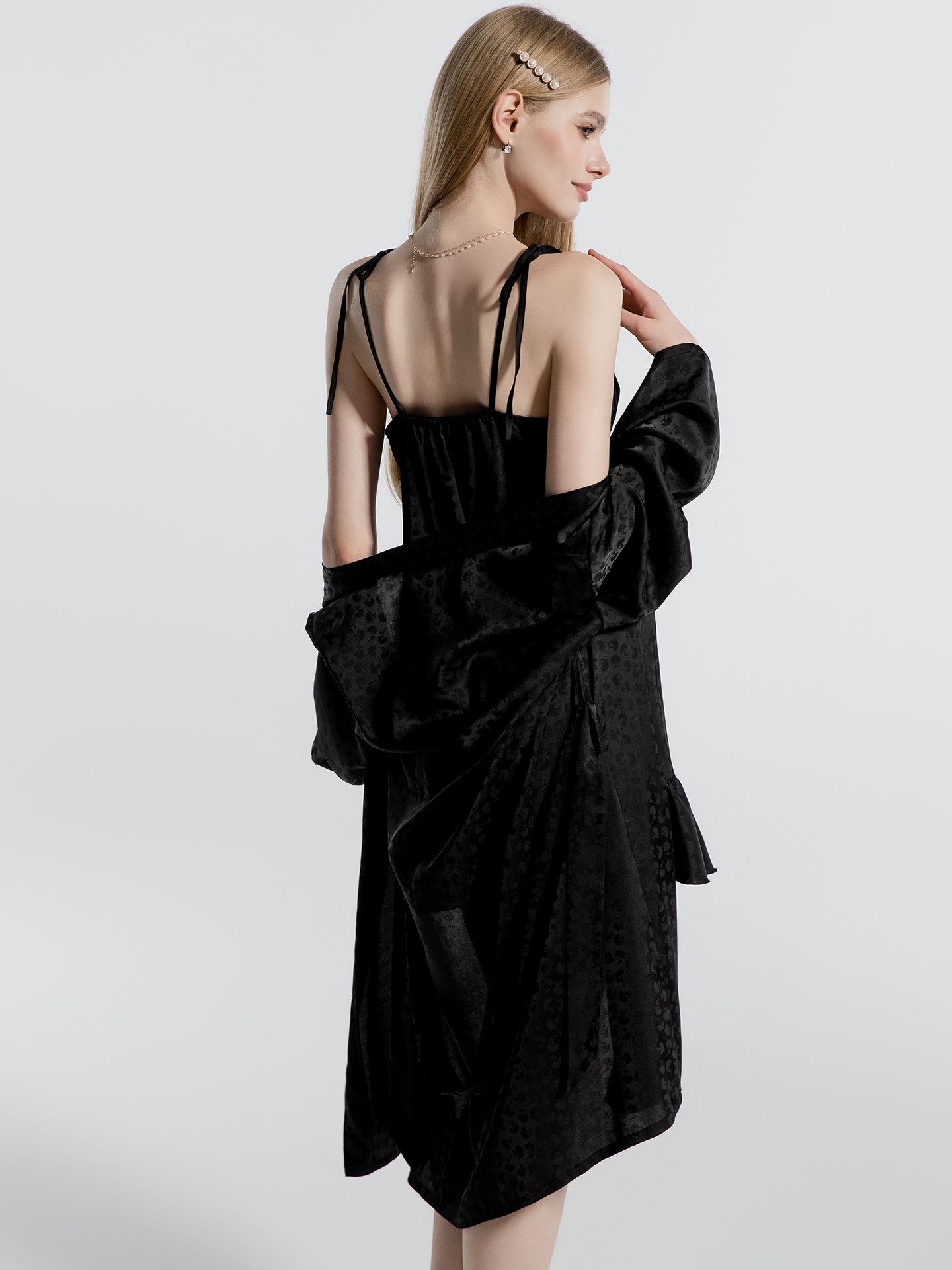 Black floral jacquard long sleep robe rear view
