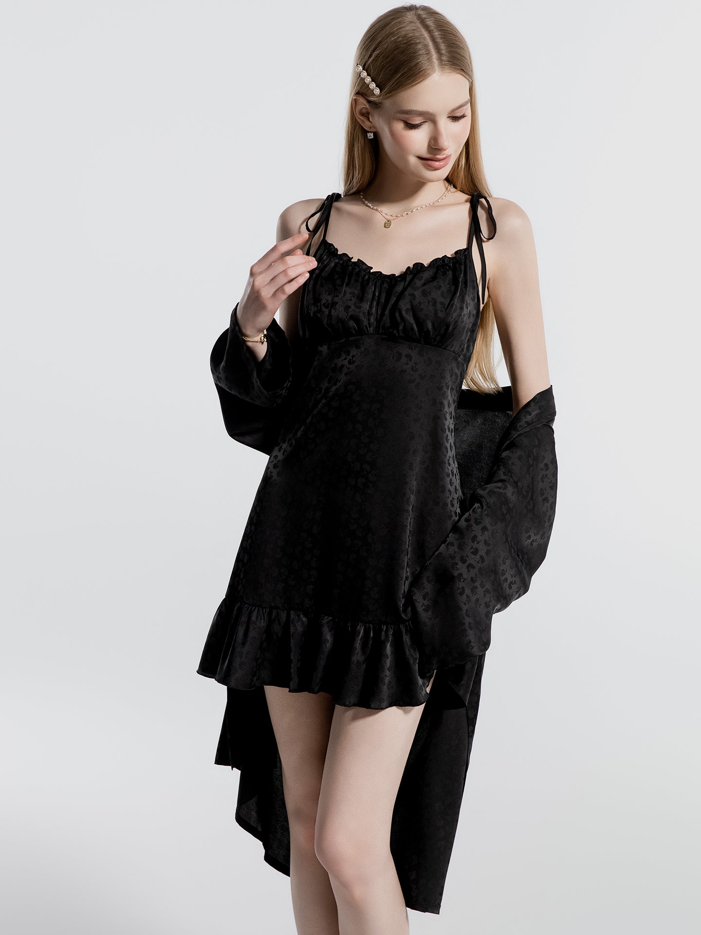Black tie strap satin babydoll dress full view