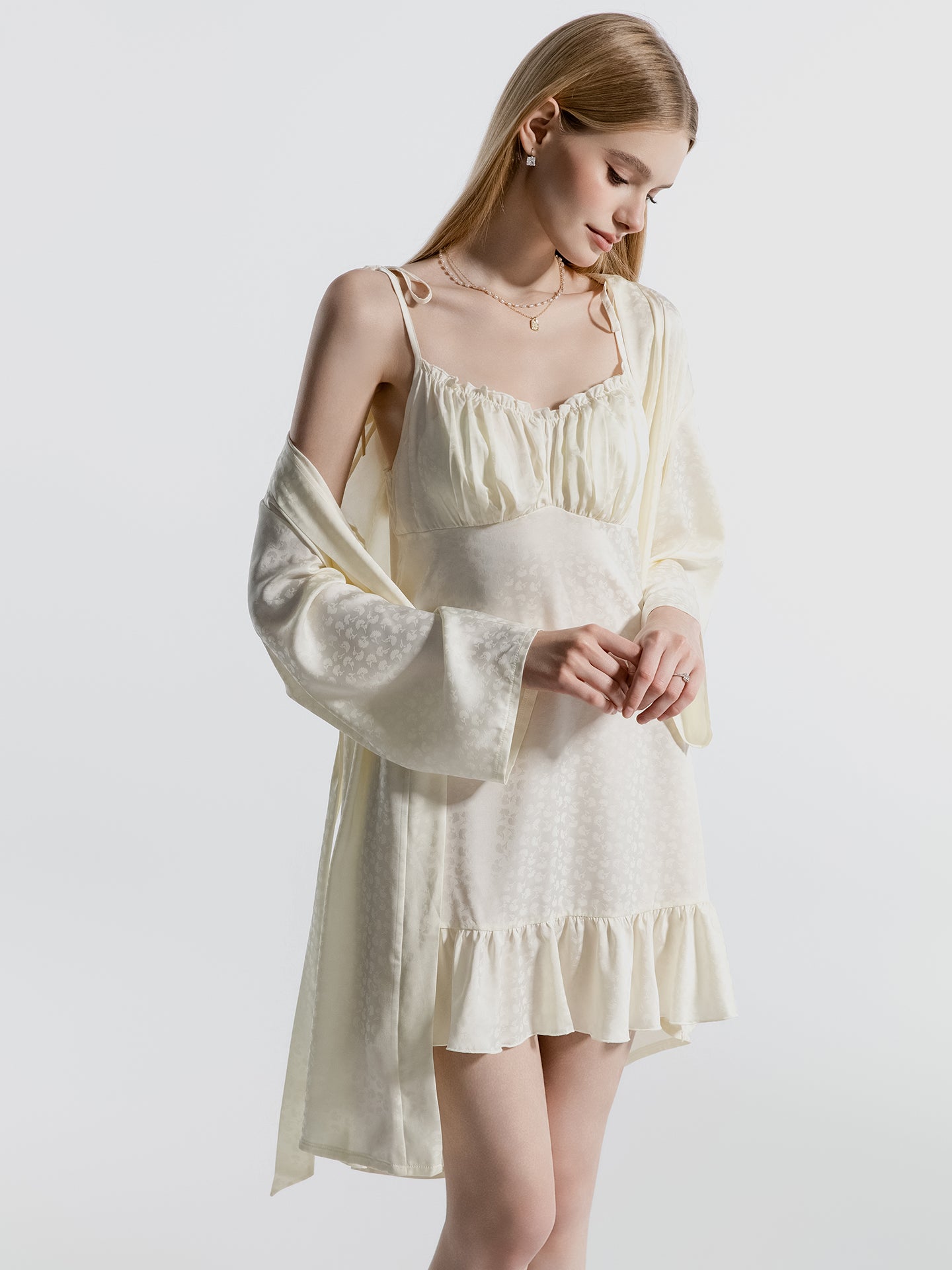 White satin nightgown long robe side view